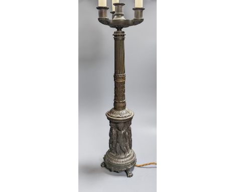 An Empire style 3 light bronze figural table lamp 63cm