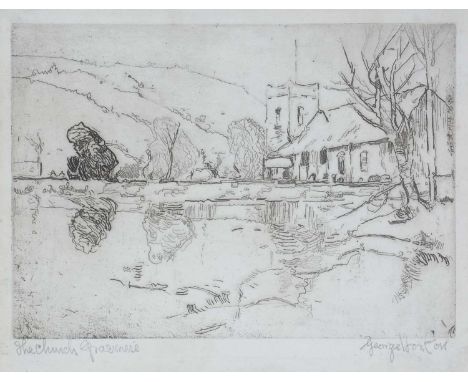 George Edward Horton(1859-1950)"The Church, Grassmere",signed and titled,etching,14 x 20cms (plate), framed.Provenance: with 