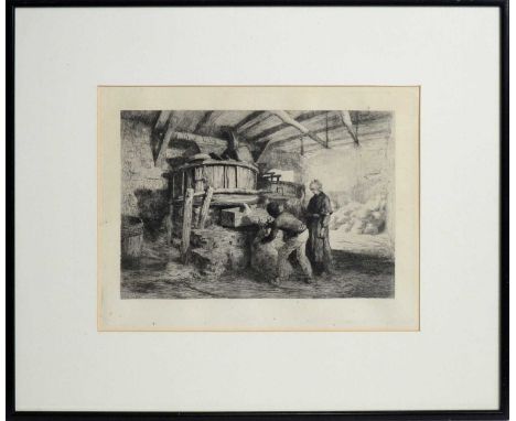 Léon Augustin Lhermitte(1844-1925)"Interior of a Mill in Kersaint, Finistere",etching,24 x 32cms (plate), framed.