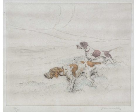 After George Vernon Stokes(1873-1954)Pointers on the Moor,signed,limited-edition etching, 58/75,24 x 28cms, framed.