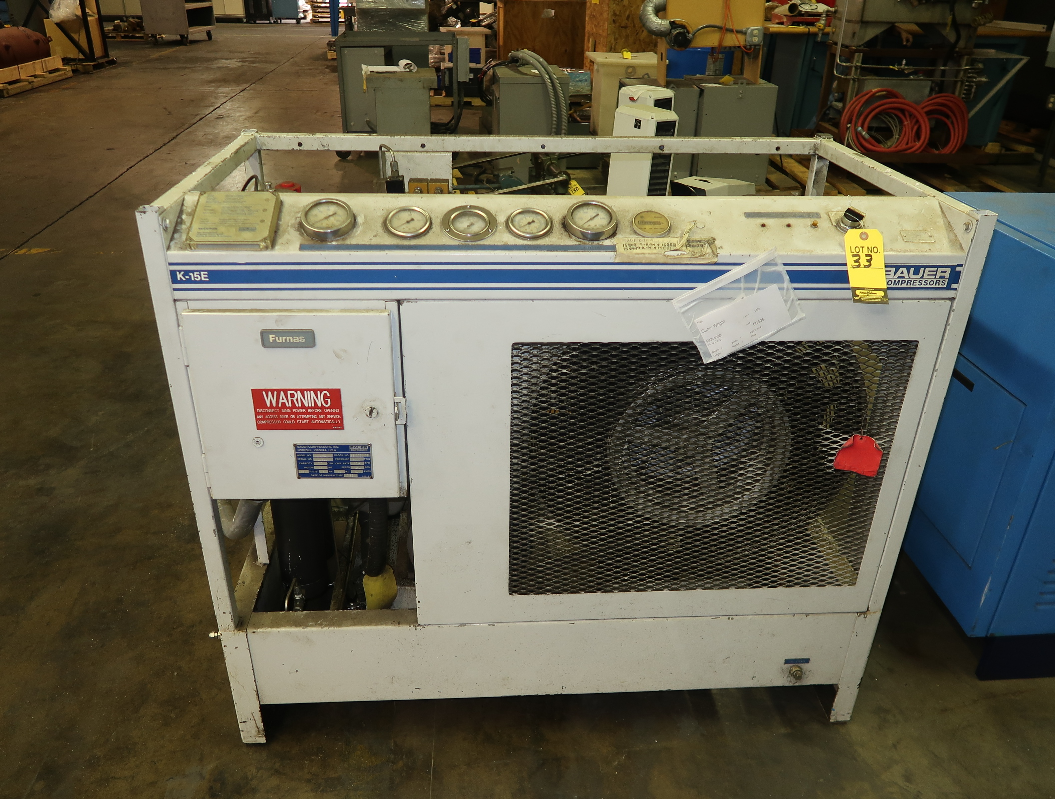 BAUER MDL. K15E3 ROTARY SCREW AIR COMPRESSOR 230V 3PH, SN. 26382 LOAD