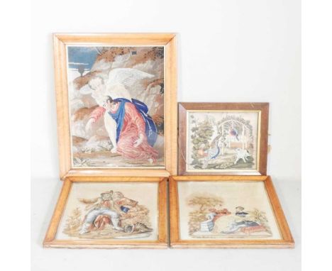 A 19th century woolwork picture, of a Religious scene, 69 x 52cm, in a maple frame, together with three others smaller (4)
