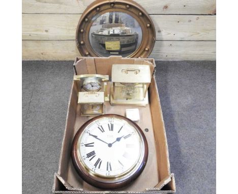 A modern wall clock, together with a convex wall mirror40cm diameter and various mantle clocks