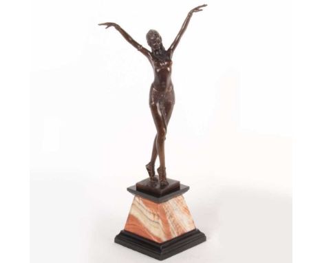 A bronze Art Deco style figure of a dancer, modern, standing with her arms raised, on a marble base, 51cm high