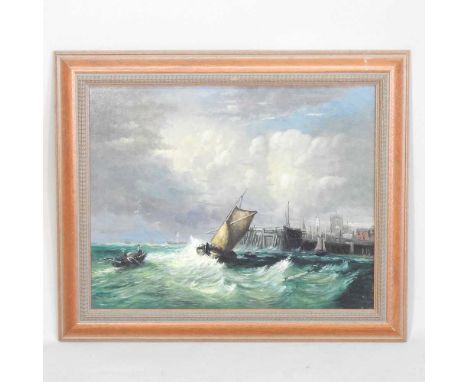English school, seascape with fishing vessels off a jetty, indistinctly signed, oil on board, 38 x 49cm