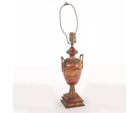 A gilt metal mounted marble table lamp base, in the form of a classical urn, 45cm high