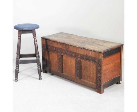 A carved oak coffer, together with a bar stool (2)117w x 46d x 57h cm