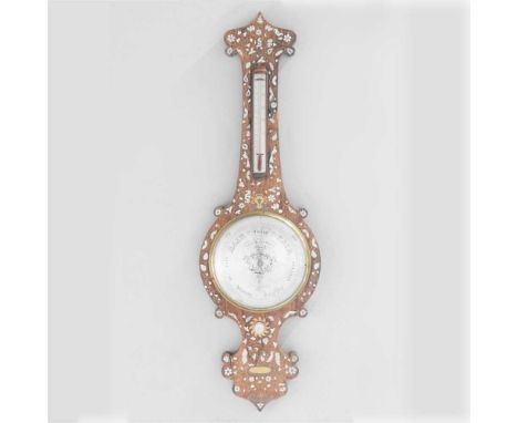 A 19th century rosewood cased wheel barometer, decorated throughout with mother of pearl and cut brass foliate designs, the s