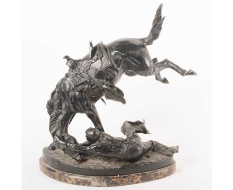 After Frederic Remington, 1861-1909, Wicked Pony, bronze, signed, on a marble plinth base, 55cm high