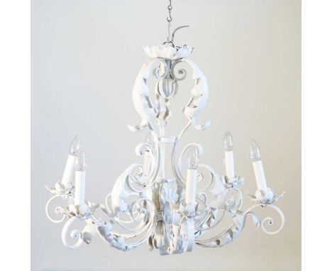 A white painted iron six branch chandelier, 73cm diameter