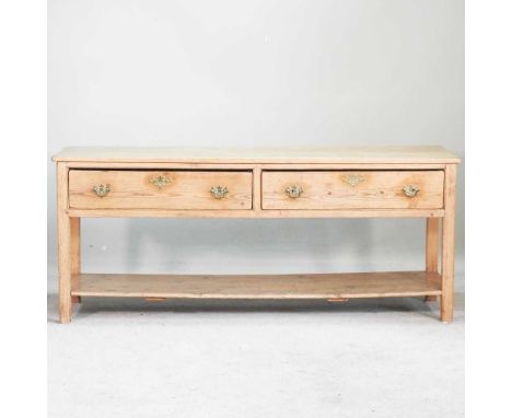 An antique stripped pine dresser base, containing two frieze drawers, with a pot board below195w x 52d x 82h cmOverall condit