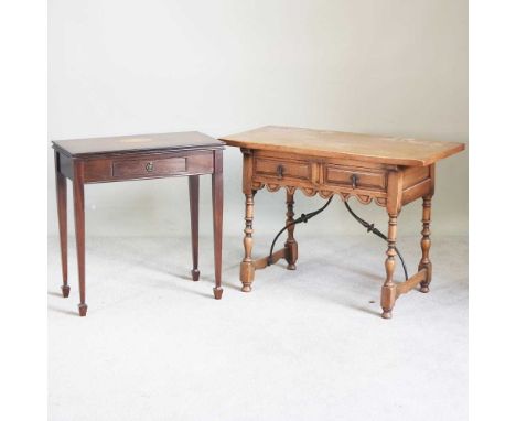 A Spanish oak side table, on turned legs, 107cm wide, together with a reproduction folding card table (2)107w x 51d x 76h cm