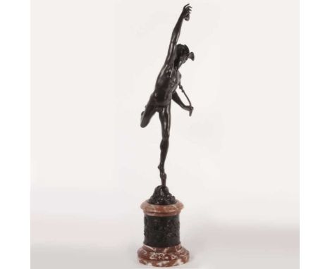 After Giambologna, 20th century, a bronze sculpture of Mercury, shown standing, on a marble plinth, 87cm high