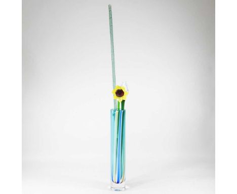 A Murano coloured glass vase, 41cm high, together with two glass flowers and a cane (4)