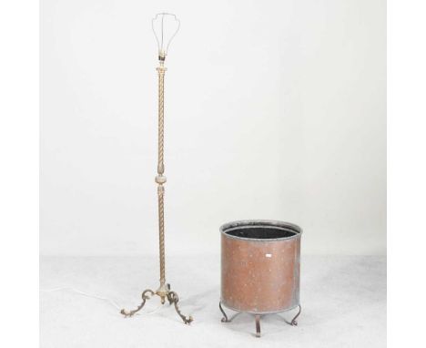 A copper planter, 50cm high, together with a brass standard lamp (2)