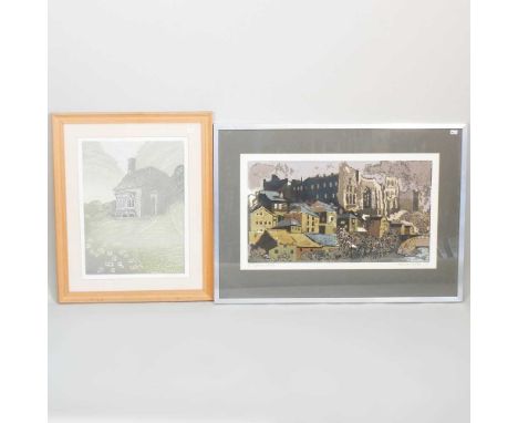 Paul Beck ARCA, b1926, The Rustic Cottage, Stourhead, linocut, signed and numbered 8/100, 40 x 30cm, label for Trumpington Ga