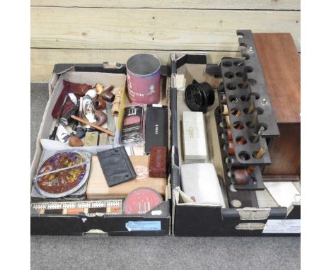 An early 20th century smoker's cabinet, together with a pipe rack, pipes and other items