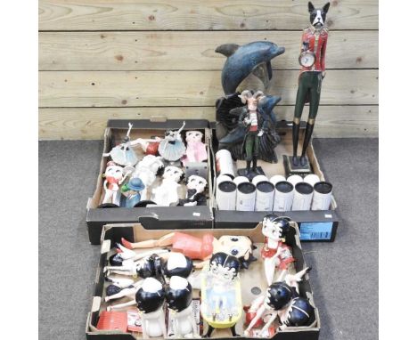 Three boxes of Betty Boop limited edition models, together with a collection of Royal Mail model pillar boxes, and other figu