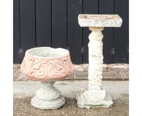A cast stone garden urn, together with a bird bath, 76cm high (2)