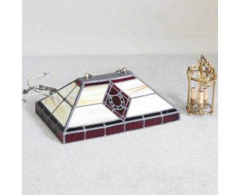 A Tiffany style light shade, together with another a gilt metal hanging lantern (2)