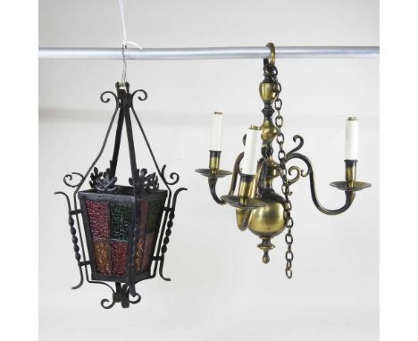 A small stained glass lantern, together with a three branch chandelier (2)