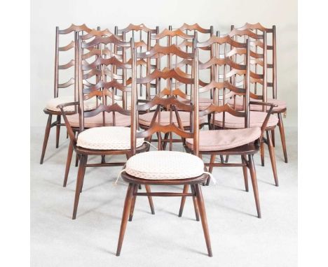 A set of ten 1960s Ercol Batwing dark elm ladderback dining chairs, with cushion seats, on splayed legs (10)Overall condition