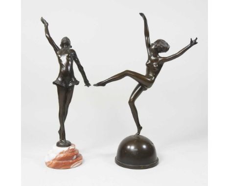 An Art Deco style bronzed figure of a dancer, 40cm high, together with another on a marble base (2)Figure on marble base look