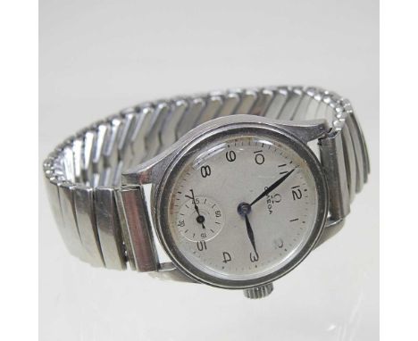 A mid 20th century Omega steel cased wristwatch, the signed 25mm dial, with Arabic hours and subsidiary seconds dial, the mov