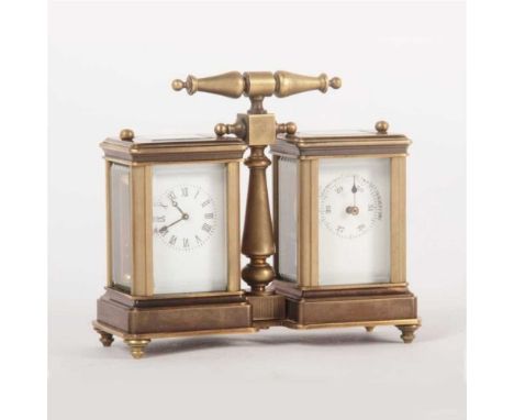 A brass minuet carriage clock/barometer, 12cm wide