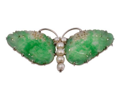 A jadeite and cultured pearl butterfly brooch, the cultured pearl thorax and abdomen between carved and pierced jadeite wings