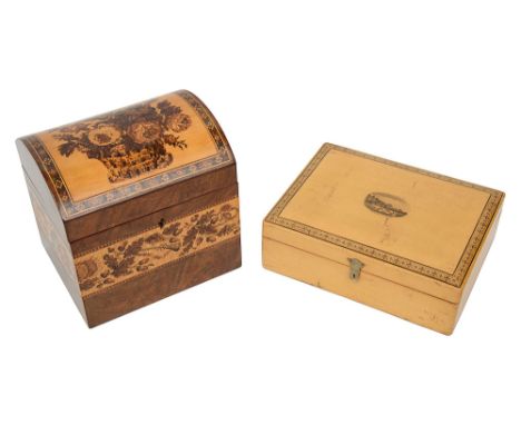 A 19th century Tunbridge ware rosewood tea caddy and a Mauchlineware box first having dome top inlaid with a micromosaic pane