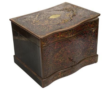 A French brass inlaid boulle and ebonised decanter boxmid 19th centurythe hinging top and front inlaid with scrolling foliate