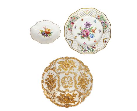 An early 20th century large Meissen gilt deocrated porcelain dish, a small Meissen dish and a Dresden  Schumann Bavaria plate