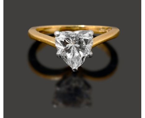 A diamond single stone ring,the heart-shaped diamond weighing 1.61cts, claw-set above the plain tapering 'V' shaped shank sta