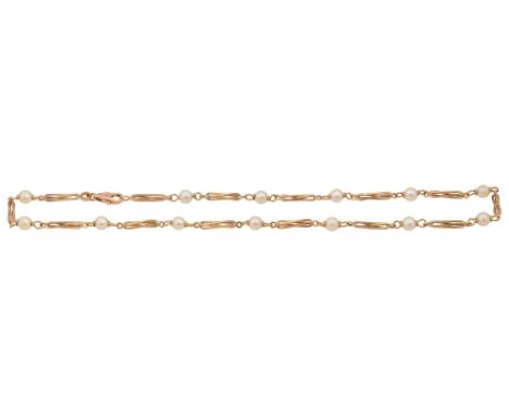 A 9ct yellow gold and cultured pearl necklaceeach of the elongated entwined double wirework links separated by a cultured pea