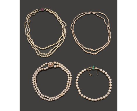 Five cultured pearl necklaces:the first a gradated three row to the silver cluster clasp; the second a graduated two row to t