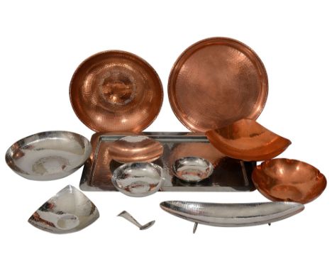 A collection of mid century mostly Borrowdale hammered copper and stainless steel dishes and bowls to include a circular tray