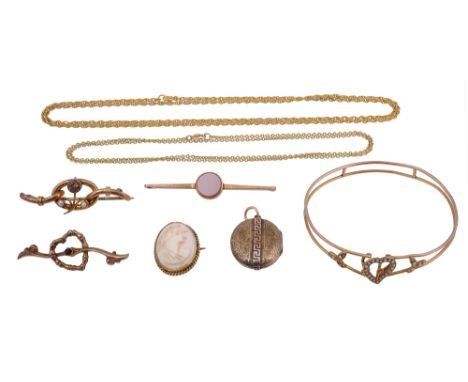 A collection of jewellery comprising a half pearl set bangle, a citrine and half pearl bar brooch marked '9ct', an agate bar 