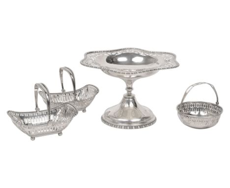 A pair of George V swing handled bonbon baskets, a pedestal dish and another bonbon dish first Sheffield, 1914, Levelsey Brot