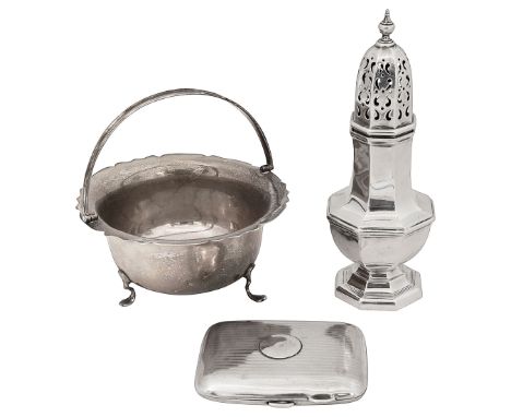 An Edwardian silver sugar caster, a swing handled sugar basket and a cigarette casefirst Birmingham, 1905, William Hutton &am