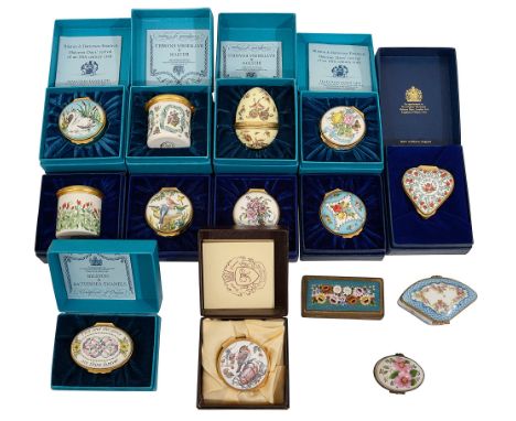 A collection of Bilston and Battersea enamel patch boxes and others seven with floral designs and birds, two inscribed 'This 