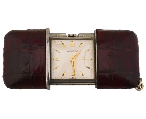 A Movado purse watchthe signed square dial signed with baton numerals and Arabic numerals to 12 6 and 9, with off-set subsidi