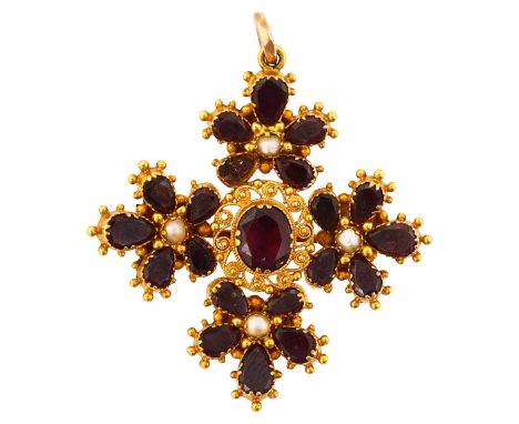 An early 19th century garnet, seed pearl and yellow gold brooch/pendant the central oval garnet within a cannetille surround 