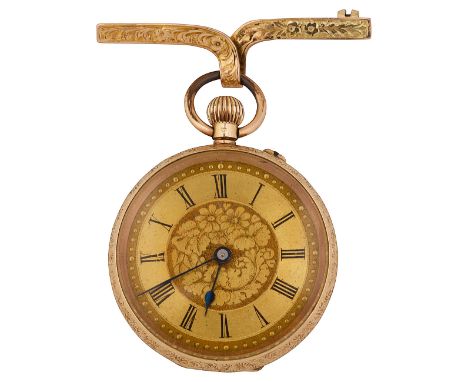 A late 19th century lady's Swiss 14K open faced keyless pocket watch circular gilt engine turned dial with black Roman numera