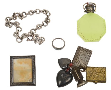 A 19th century French gold mounted glass scent bottle and other items first the faceted octagonal yellow opaline body decorat