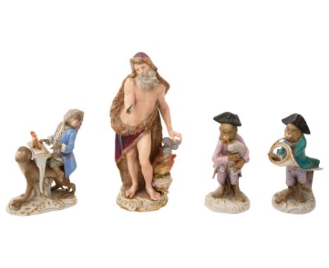 Two late 19th century Meissen figures and two other monkey band figuresfirst the organist form the Monkey Band after J. J. Ka