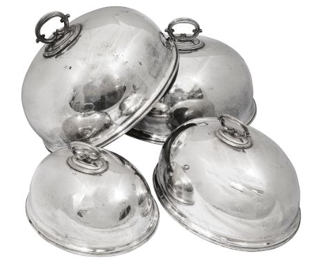 Four Edwardian graduated silver plated oval meat domeswith C-scroll handles and moulded edges, the largest stamped for Walker