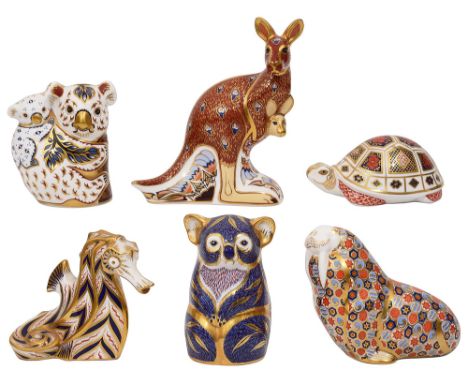 A collection of six First Edition Royal Crown Derby paperweightsincluding a Kangaroo carrying Baby Roo, Koala carrying Koala 