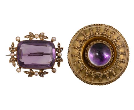 Two mid/late Victorian amethyst and yellow gold brooches the first collet-set rectangular-cut amethyst to a half pearl collet