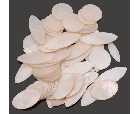 Early 19th century Chinese export mother of pearl gaming counters approx. 60, circular, oval and eliptical, engraved decorati